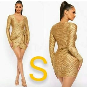 🆕Gold Textured Velvet Mesh Wrap Side Tie Detail Long Sleeve Dress~ Size S